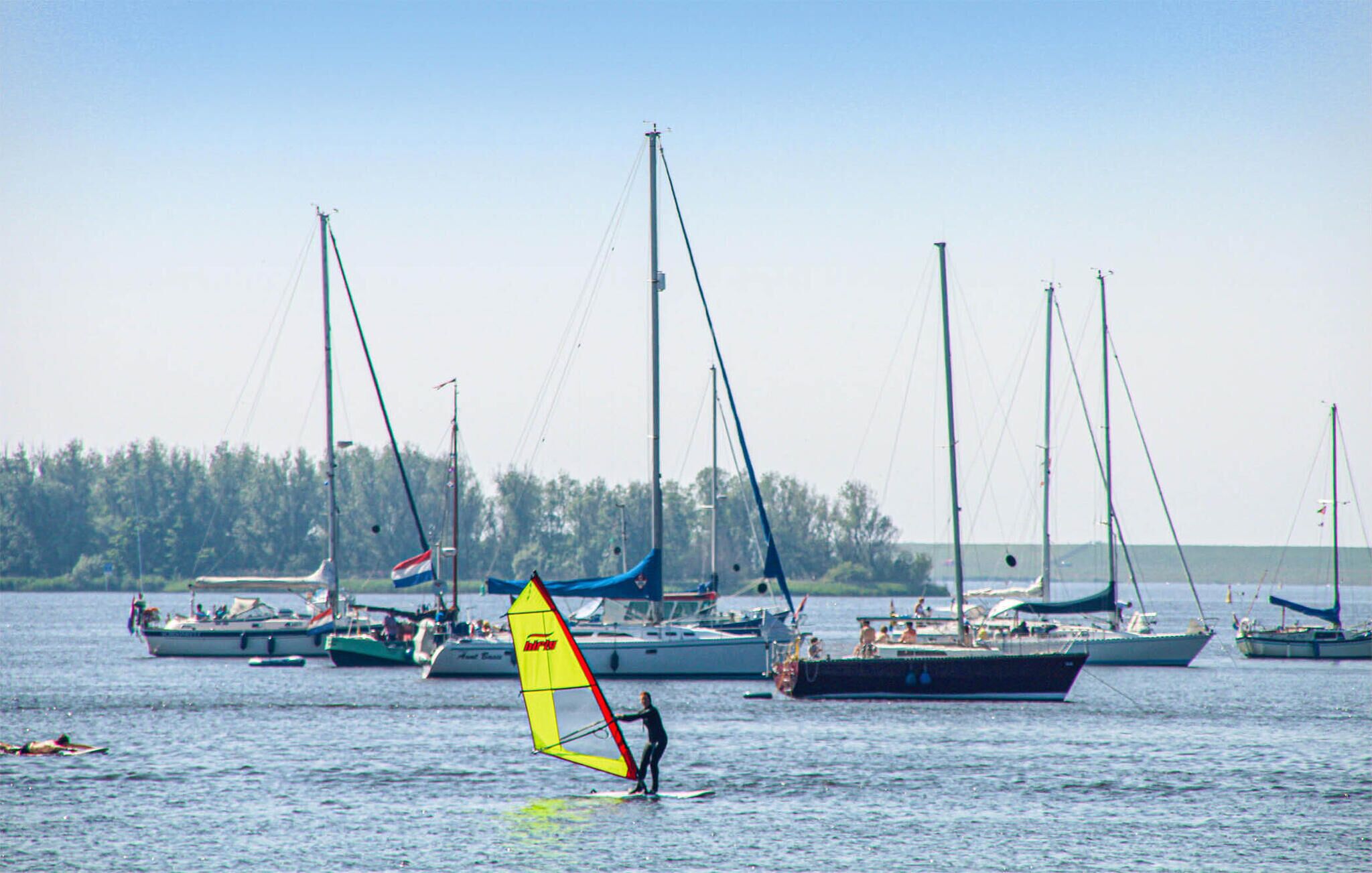 Una marina con barche a vela e attività di windsurf.