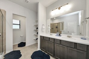 Hair dryer, towels, soap, shampoo