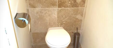 Hair dryer, towels, soap, toilet paper