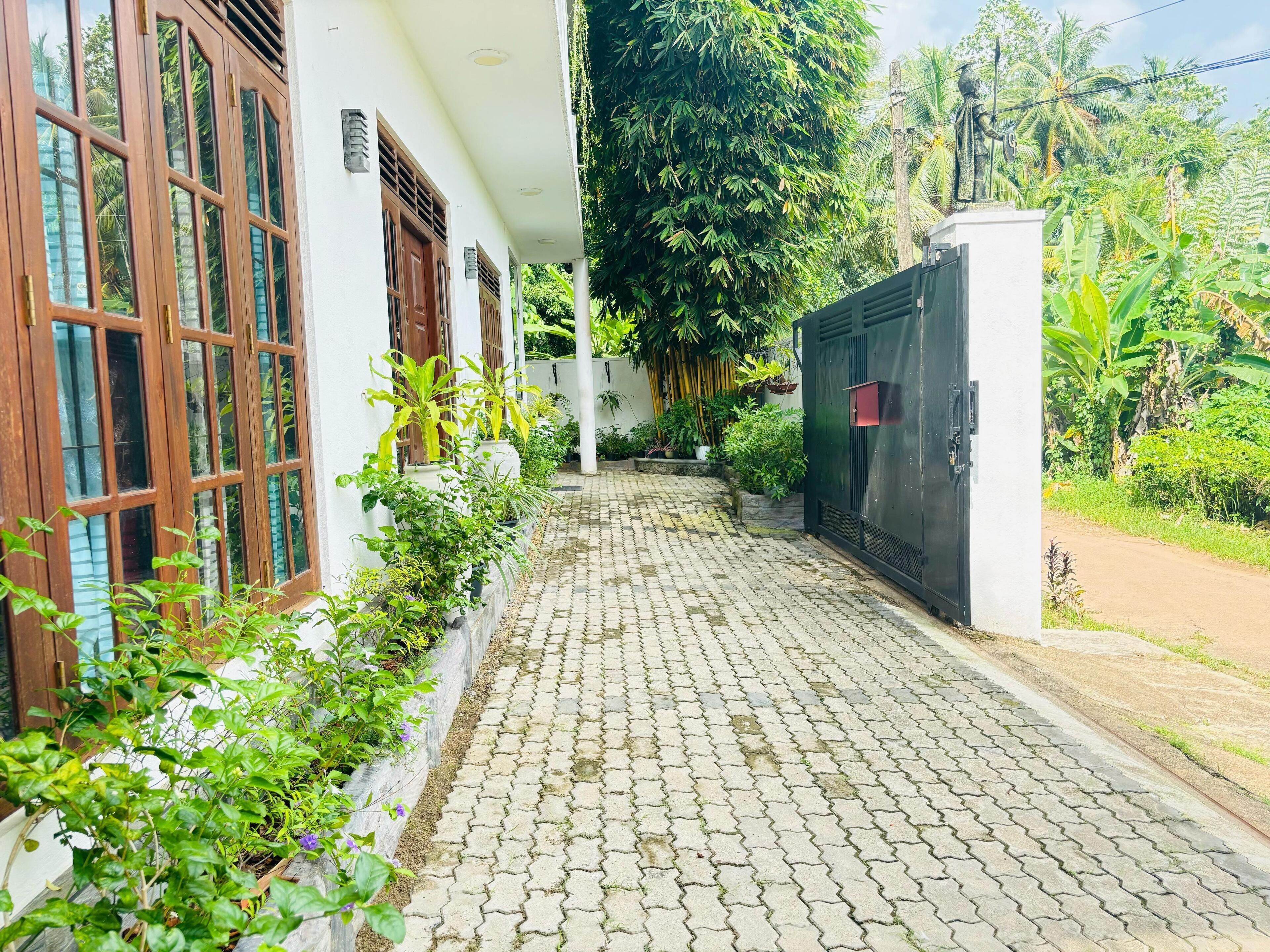 A paved pathway leading to a building with large windows and a gated entrance.