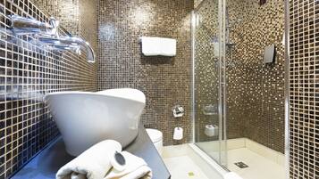 Shower, jetted tub, hair dryer, bidet