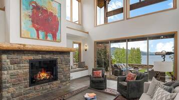 Smart TV, fireplace, video games, DVD player