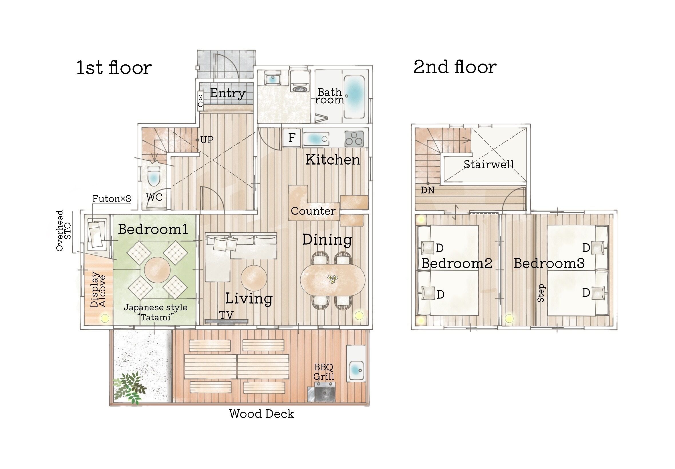 A 2-floor apartment layout with a living room, dining area, kitchen, and three bedrooms.