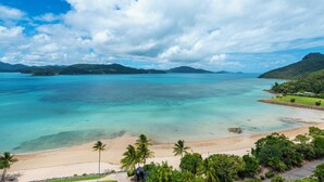 A beach with clear turquoise waters, palm trees, and a mountainous backdrop. - Beach Front Hamilton Island (Whitsundays)