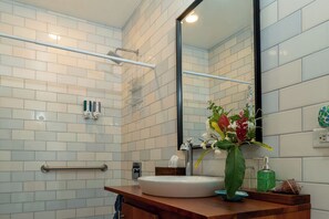 Shower, hair dryer, towels, soap