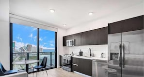 Fridge, microwave, oven, stovetop