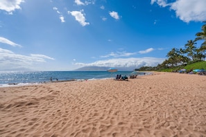A beach with sand, a clear sky, and a distant mountain.