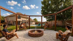 A patio with a fire pit, seating, and a pool in the background.