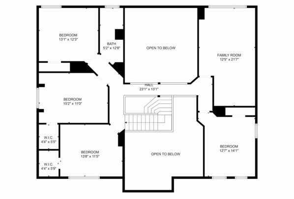 A floor plan with multiple bedrooms, a bathroom, a family room, and a hall.