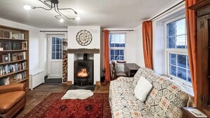A cozy living room with a fireplace, a sofa, a bookshelf, and a large window with curtains. - 3 bedroom accommodation in Aberystwyth (Aberystwyth)