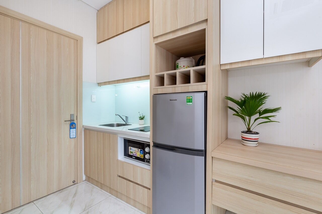Una cocina compacta con armarios de madera, un refrigerador de acero inoxidable, un lavabo y una planta en maceta.