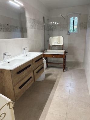 Shower, hair dryer, bidet, towels
