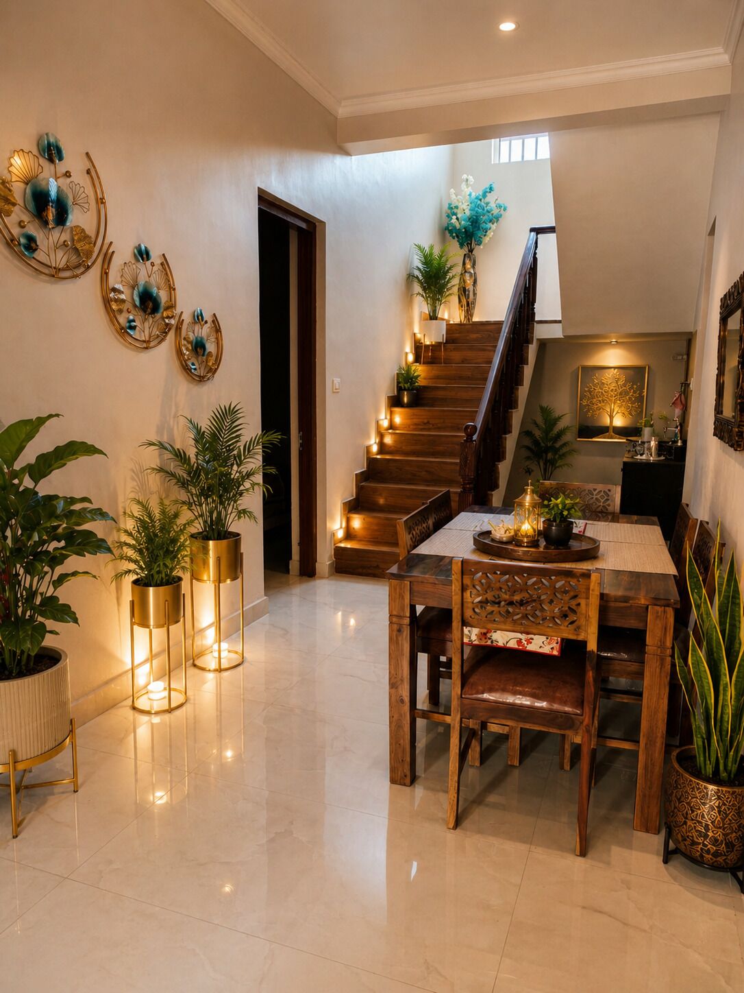 Un vaste espace de vie agrémenté d’un escalier en bois, d’une table à manger avec des chaises et d’œuvres d’art décoratives murales.