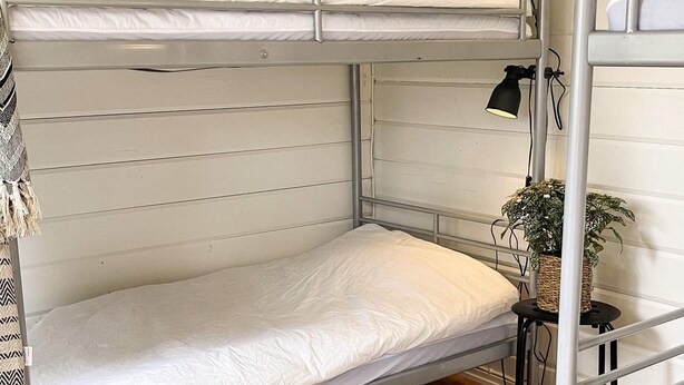 A bunk bed with a single mattress, a black desk lamp, and a potted plant.