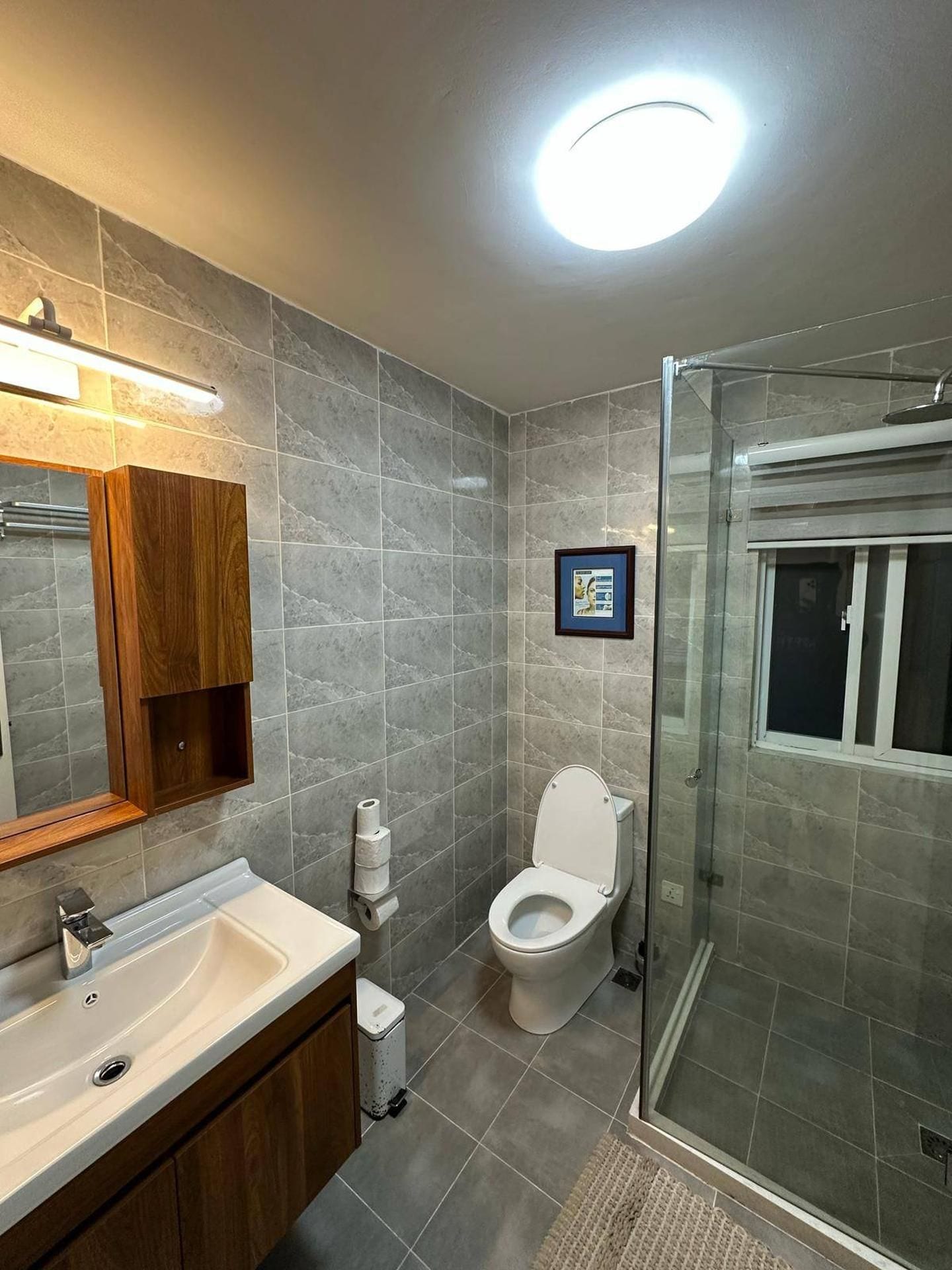 Une salle de bain moderne équipée d’une douche, de toilettes et d’un lavabo.