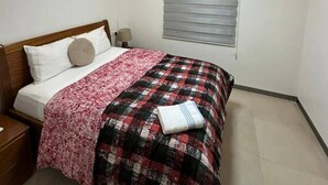 Un dormitorio con cama, mesita de noche, lámpara, aire acondicionado e iluminación en el techo.