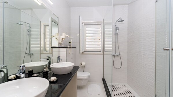Shower, hair dryer, towels
