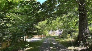 A gravel path leading through a wooded area with trees and a wooden fence. - Cottage by River with Spa near Carcassonne (Caudebronde)