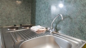Une cuisine en acier inoxydable équipée d’un évier, de deux plaques de cuisson et d’un pare-éclaboussures.