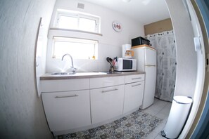 Fridge, microwave, oven, coffee/tea maker