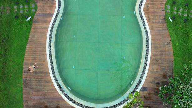 Vue aérienne d’une piscine au design original, avec un bord ondulé, entourée d’une végétation luxuriante et de palmiers.
