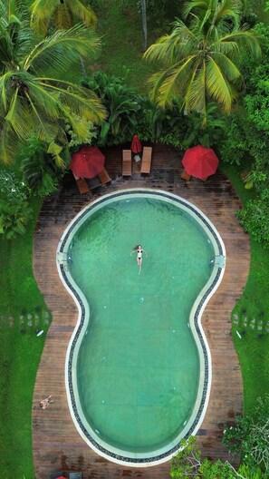 An aerial view of a swimming pool with a unique wavy edge design, surrounded by lush greenery and palm trees. - Palm Garden Ayurveda Resort (Ahangama)