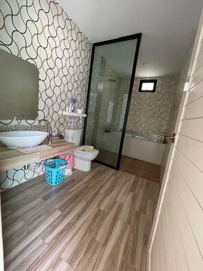 Shower, bidet, towels, toilet paper