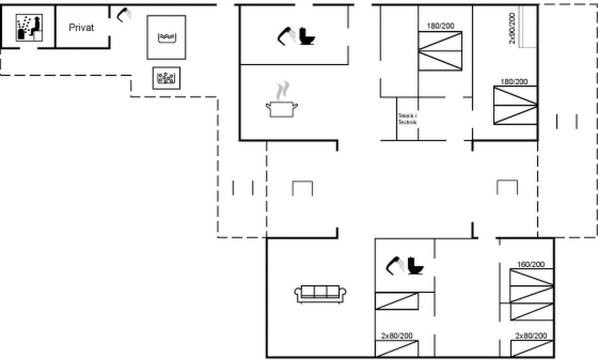 Ein Grundriss eines Hotels mit privaten Zimmern, einem Restaurant und einem Technikraum.