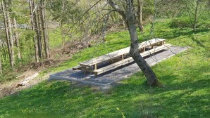 Une table de pique-nique située dans un espace herbeux, entourée d’arbres.