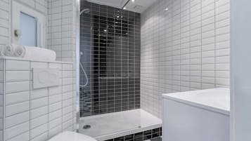 Shower, free toiletries, hair dryer, towels
