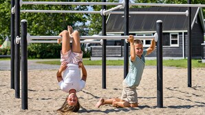 Two children playing on a playground with a metal structure and a house in the background.