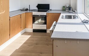 Fridge, stovetop, dishwasher, coffee/tea maker