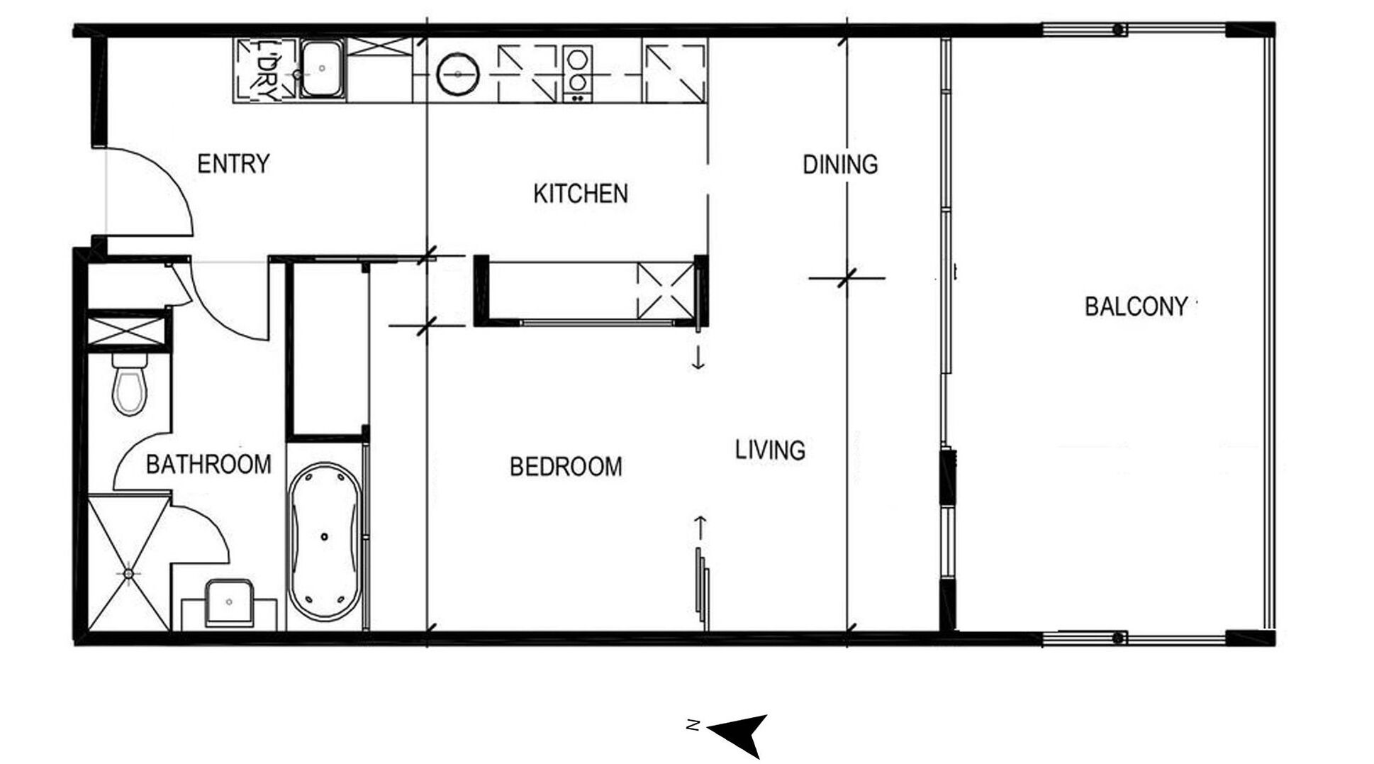 A floor plan with an entry, kitchen, dining, balcony, bathroom, bedroom, and living area.
