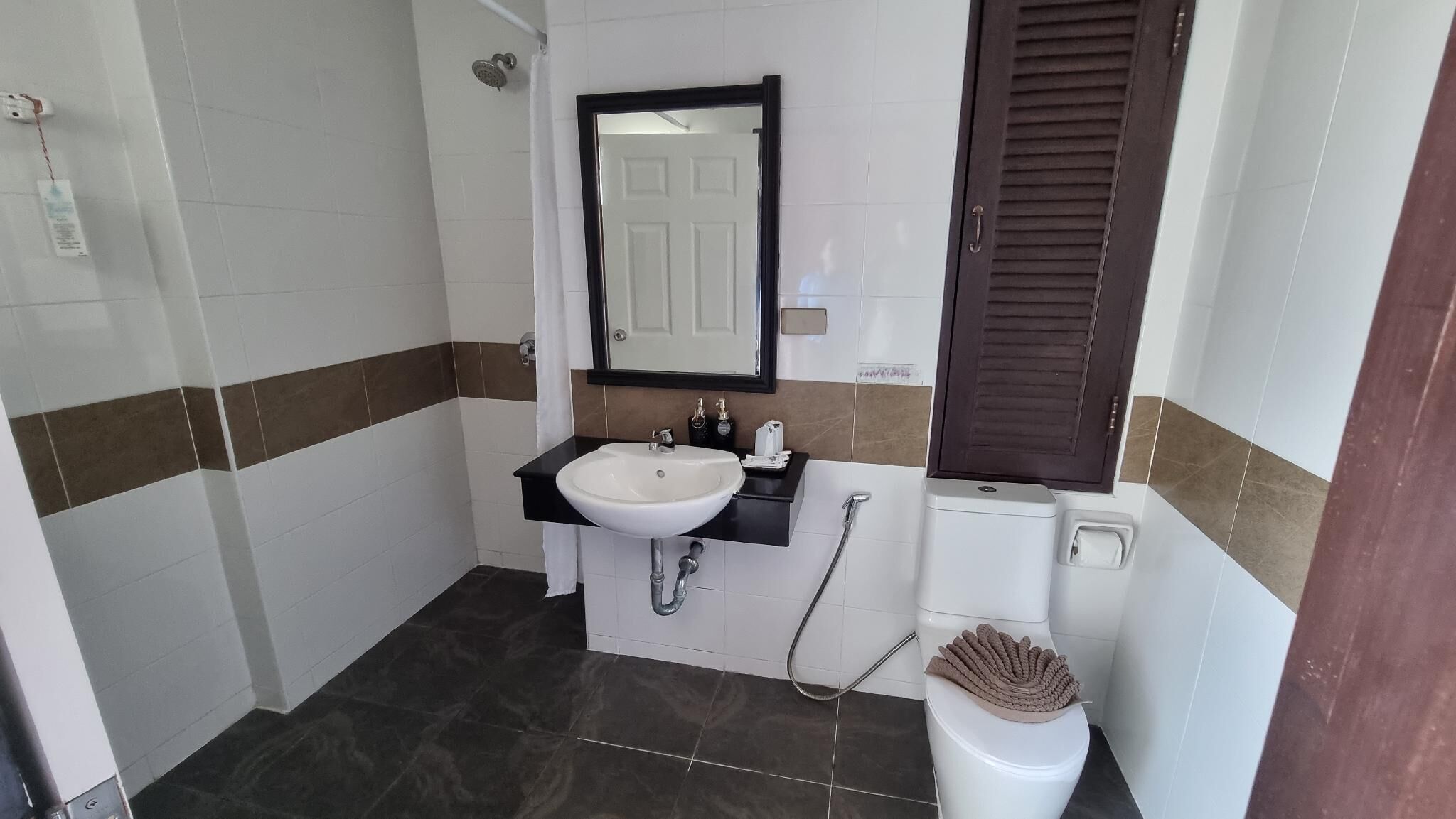A bathroom with a white sink, a mirror, a toilet, and a shower.