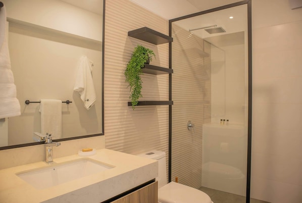 Dusche, Haartrockner, Handtücher, Shampoo