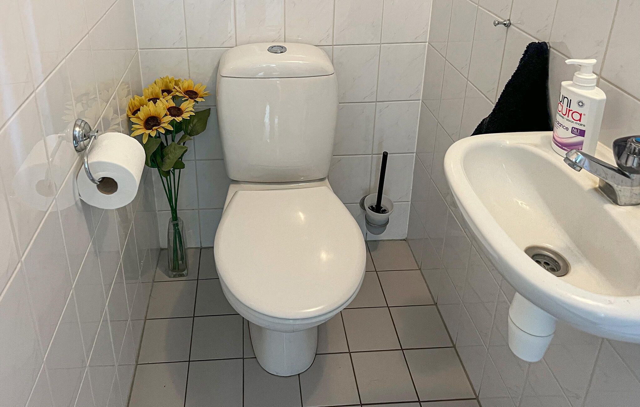 Een badkamer met een toilet, een wastafel, een toiletrol, een vaas met zonnebloemen en een handzeepfles.