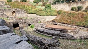 Ruinas antiguas con estructuras de piedra y un área circular, rodeadas de vegetación y un muro de contención.