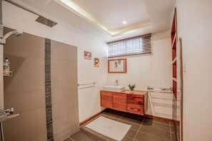 Shower, hair dryer, towels