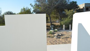 Une pièce blanche donnant sur un espace extérieur sablonneux et des arbres.