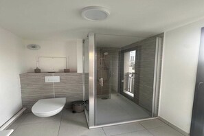 Douche, séchoir à cheveux, serviettes fournies