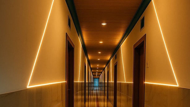 A long, narrow hallway with a wooden ceiling and recessed lighting. - Hotel Sai Samrat Inn (Panvel)