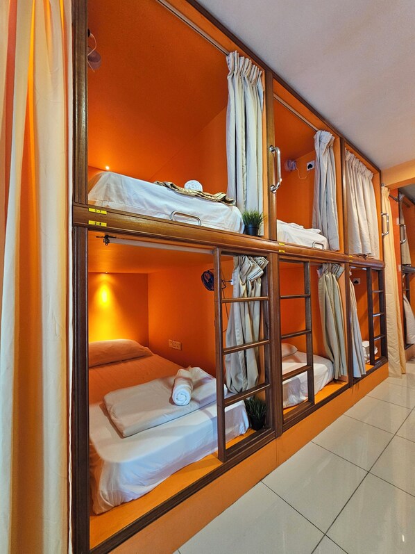 A dormitory-style room with bunk beds, a small potted plant, and a wall-mounted light fixture.