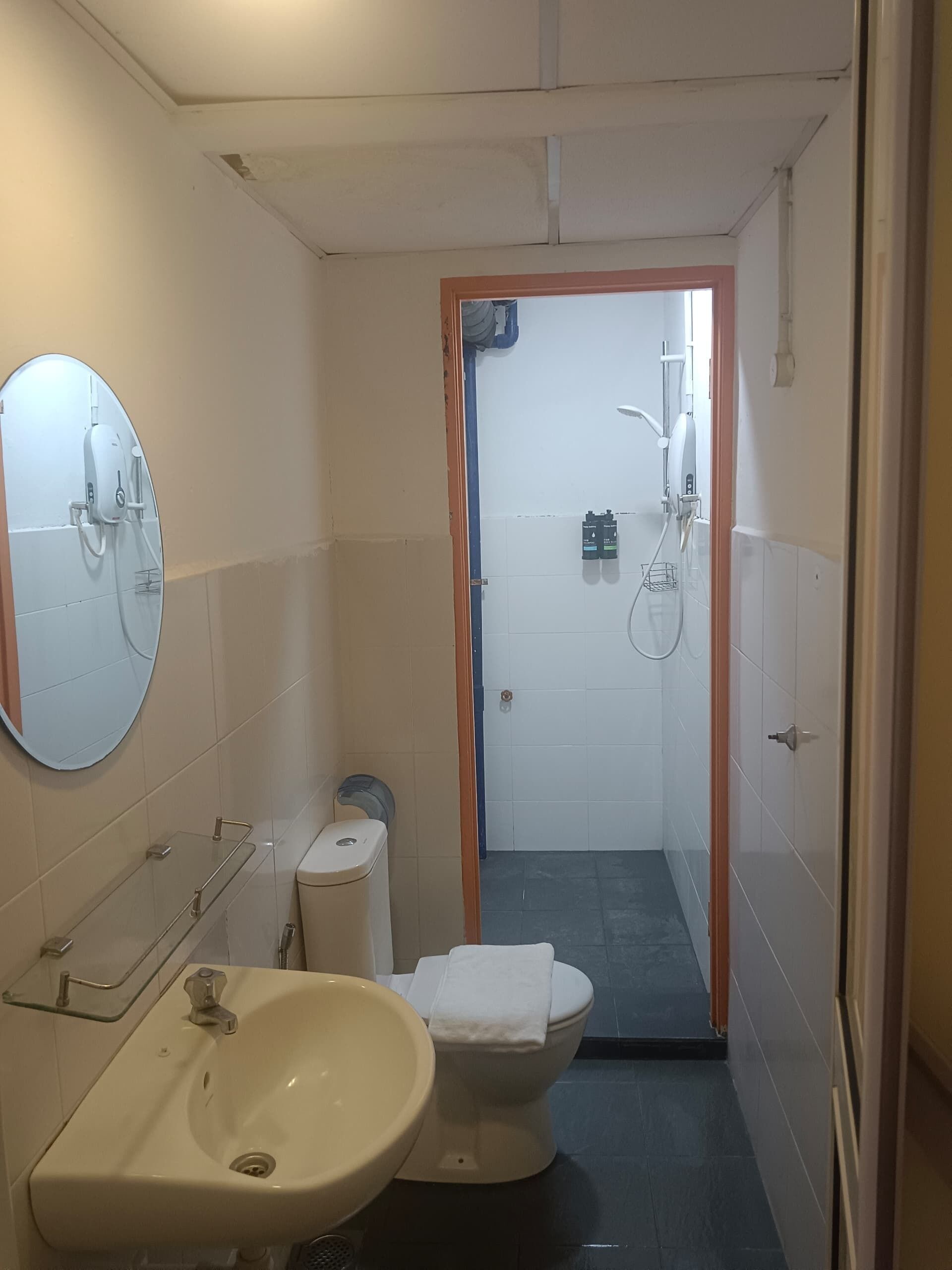 A small, compact bathroom with a sink, toilet, and shower.
