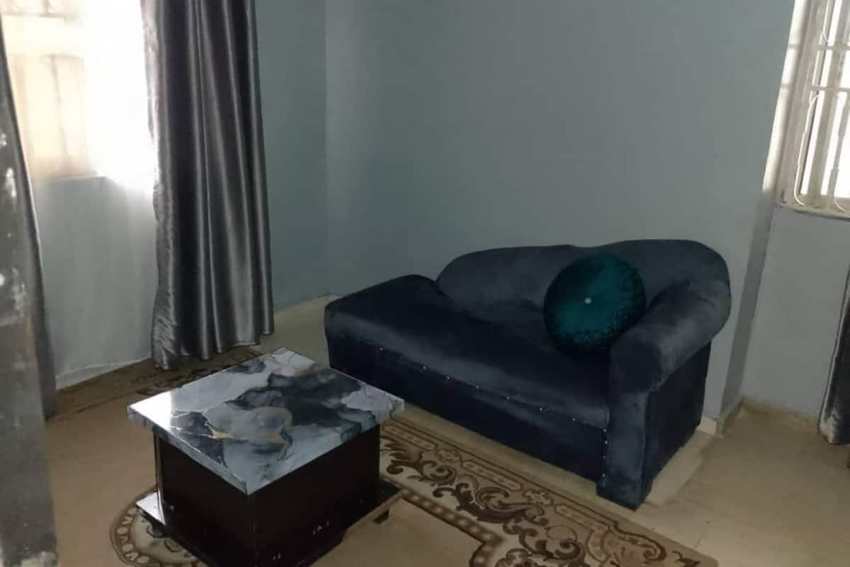 Una sala de estar con un sofá azul oscuro, una mesa de centro de mármol y una alfombra estampada.