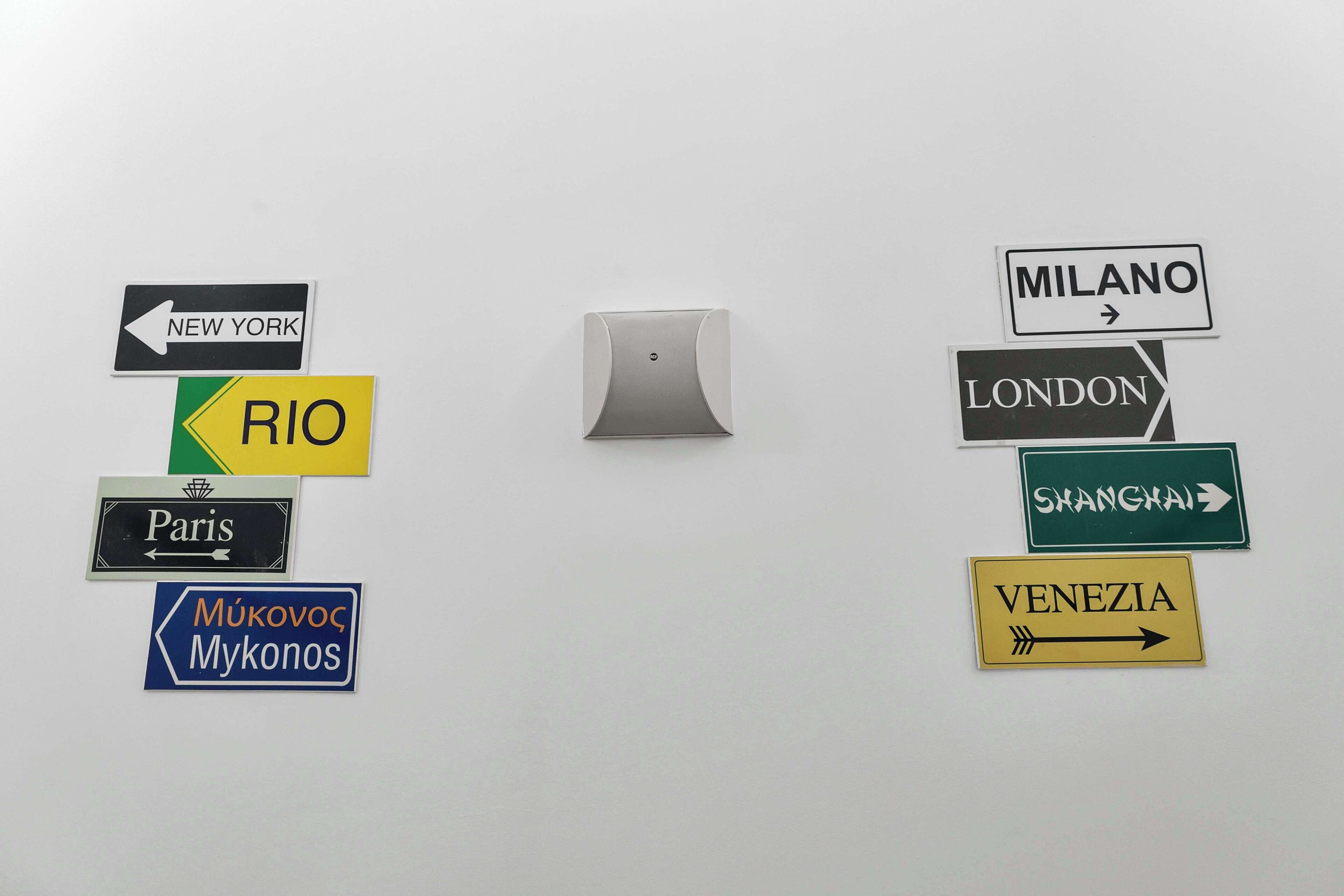 Una pared con señales direccionales que indican diferentes ciudades como Nueva York, Río, París, Milán, Londres, Shanghái y Venezuela.