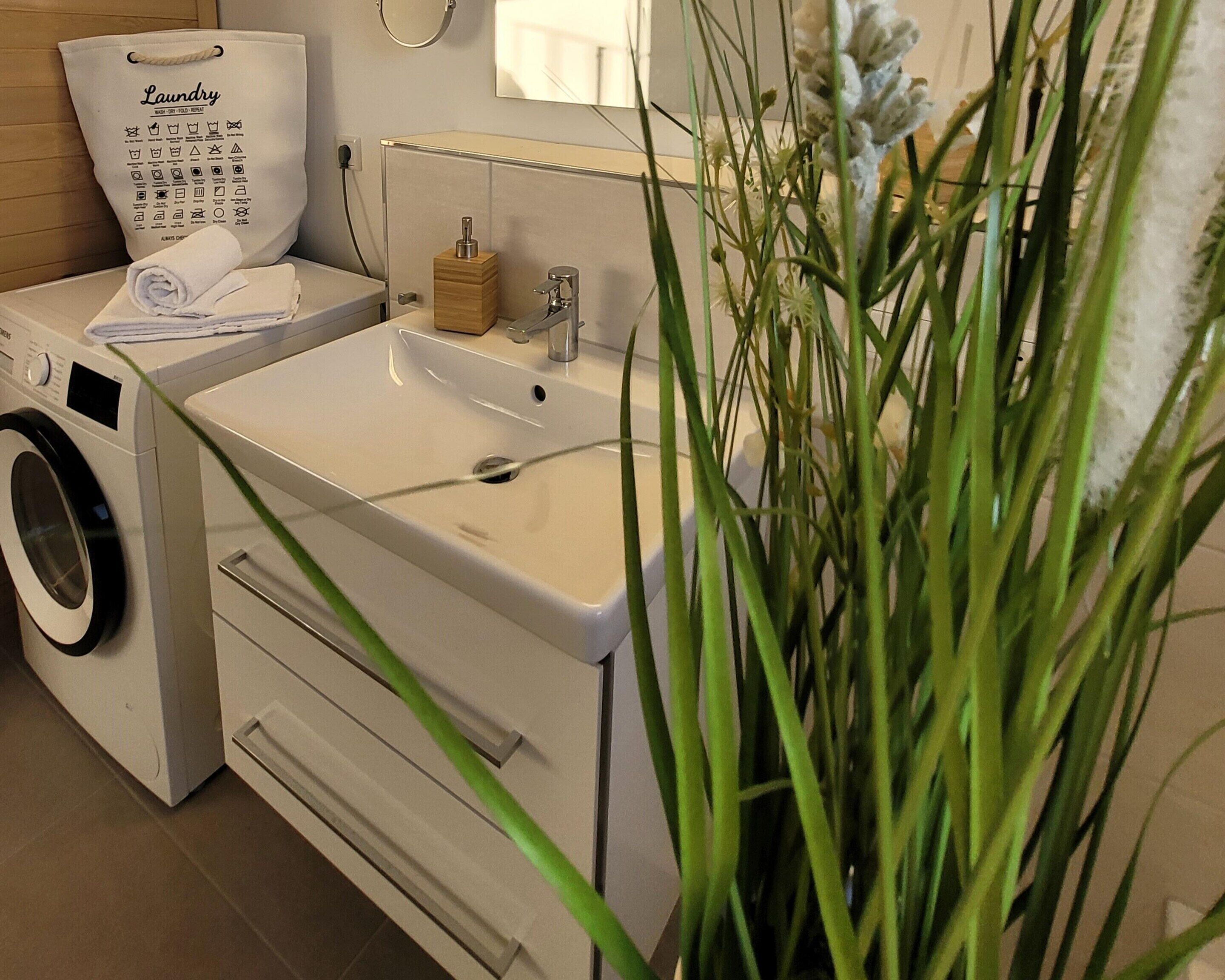 Ein modernes Badezimmer mit Waschmaschine, Waschbecken und einer großen, grünen Pflanze.