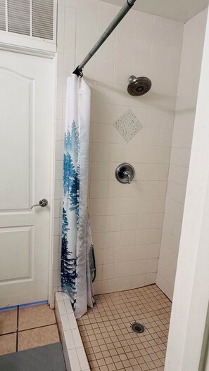 Shower, towels, soap, toilet paper