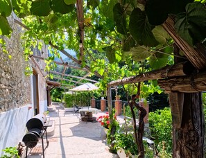 A covered outdoor area with a table and chairs, a grill, and a pergola with vines. - CASALE GELSI APT. (SPRING)AMALFI COAST (Maiori, Campania)