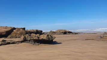 Plage à proximité, chaises longues, parasols