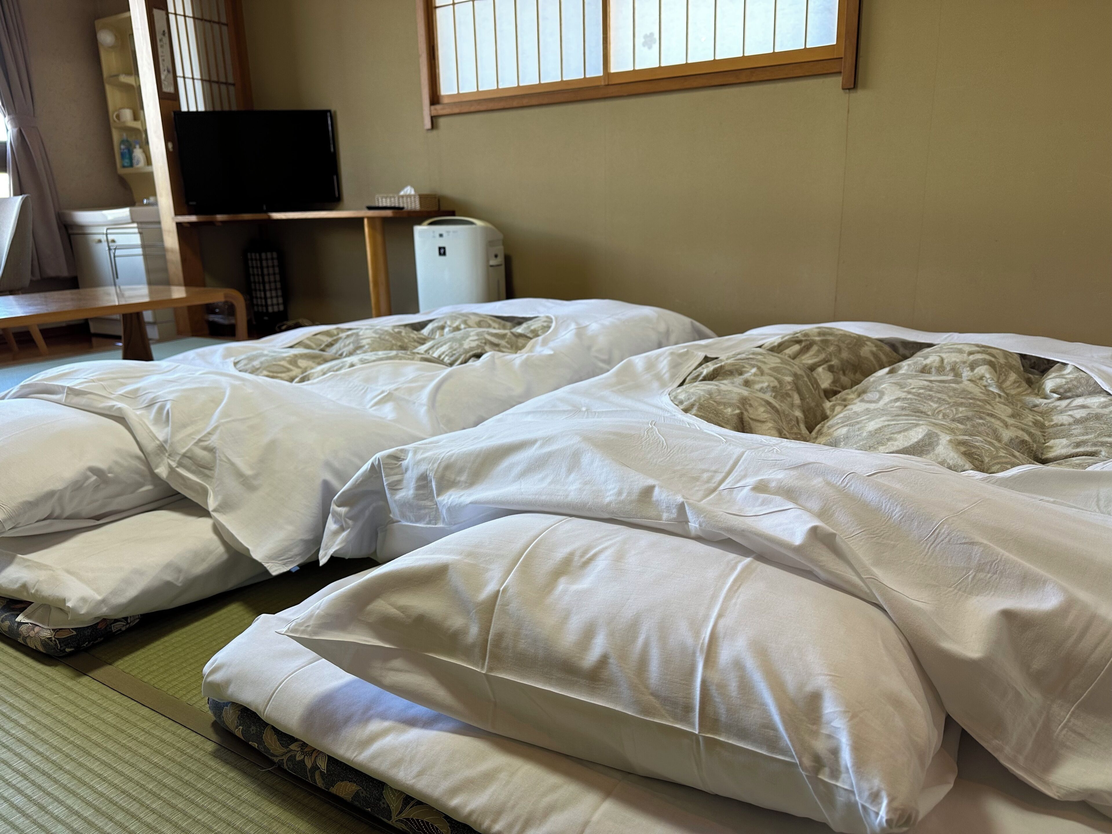 A hotel room with two beds, a television, a desk, and a window.